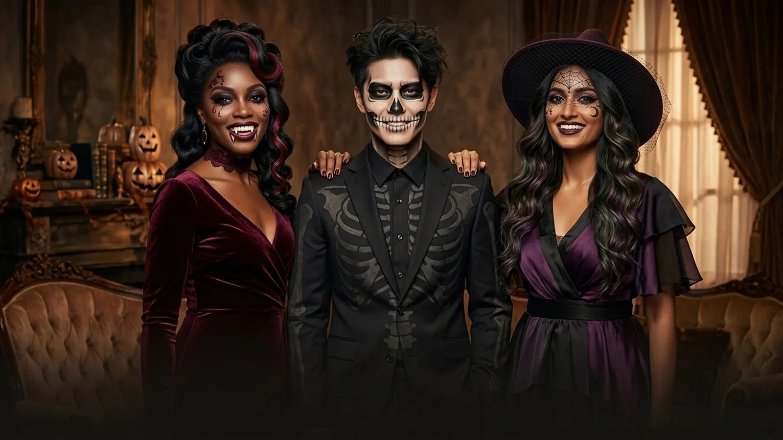 Three friends in Halloween looks: a vampire, a skeleton and a witch