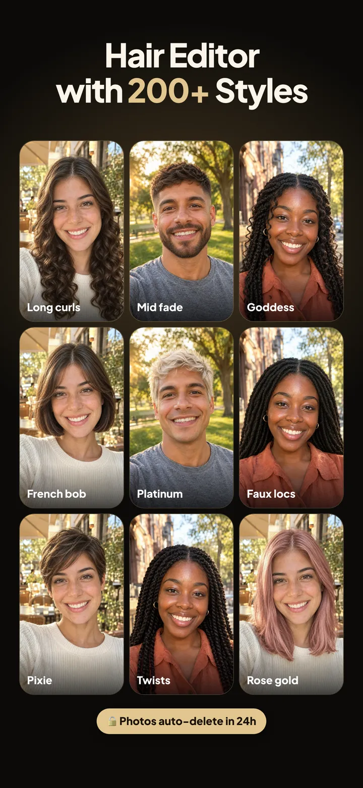 Hairset app screenshot: Hair editor, 200+ styles